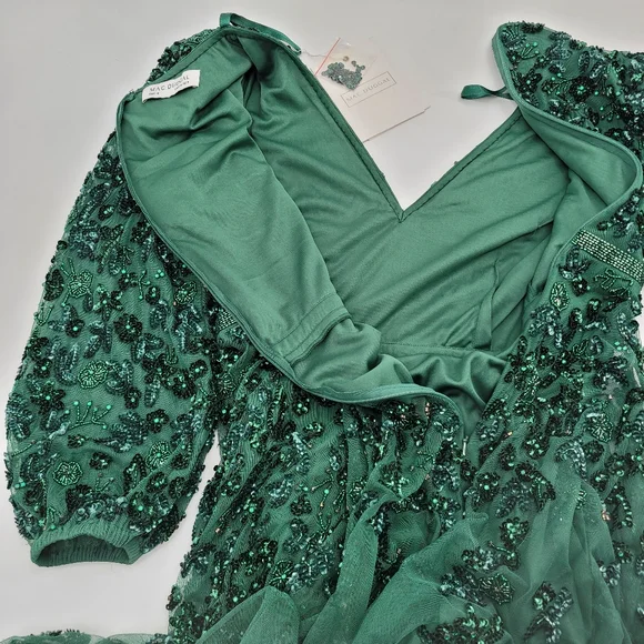 Mac Duggal Green Embellished V Neck 3/4 Sleeve A Line Gown - Picture 9 of 15